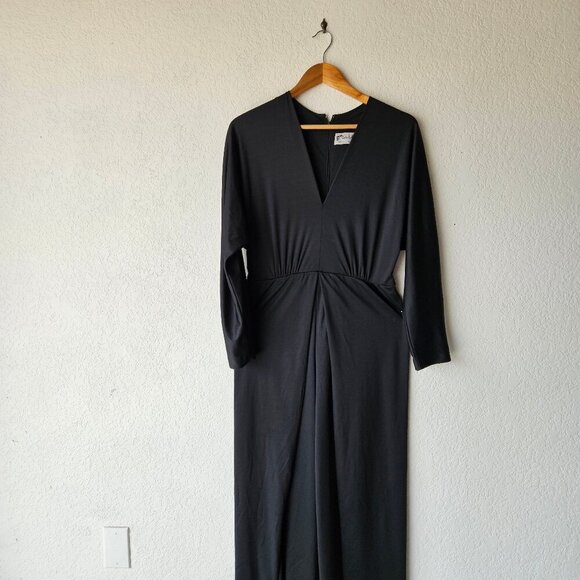 Vintage 70s 80s Black Polyester Disco Jumpsuit M Open Leg High Slit V-neck - Picture 2 of 8